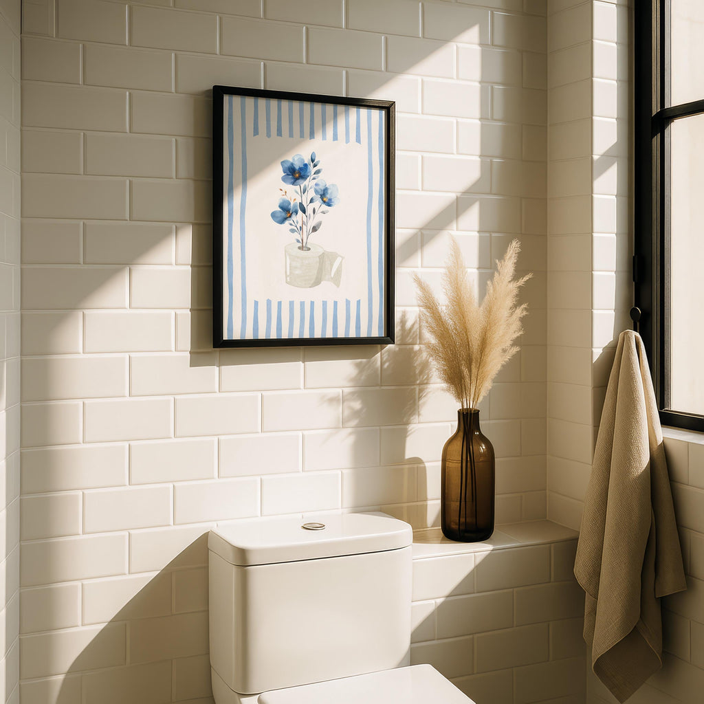 Blue Floral Bathroom Wall Art, Boho Flower Bathroom Print, Soft Botanical Toilet Decor, Minimalist Spa Bathroom Poster, Printable Wall Art