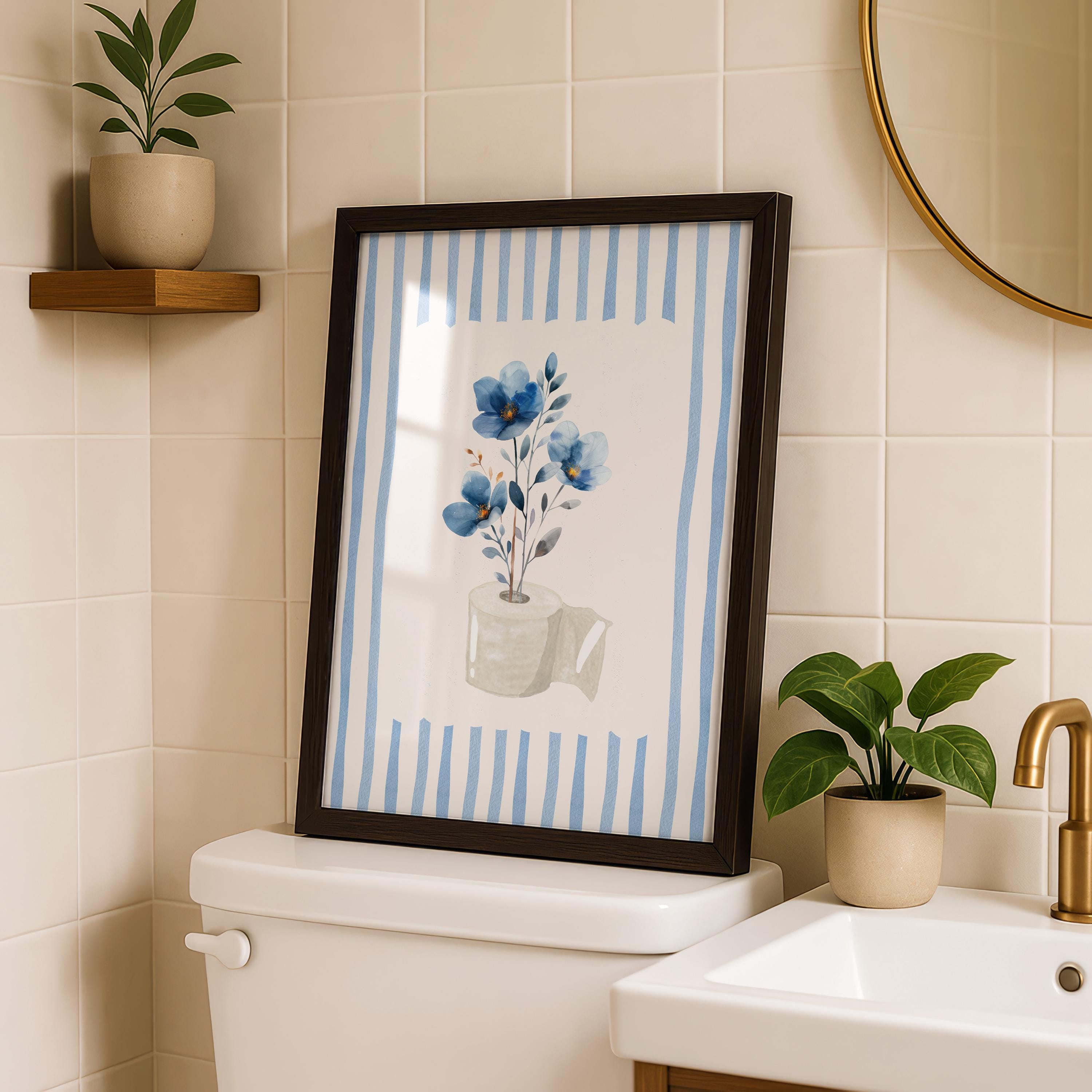 Blue Floral Bathroom Wall Art, Boho Flower Bathroom Print, Soft Botanical Toilet Decor, Minimalist Spa Bathroom Poster, Printable Wall Art