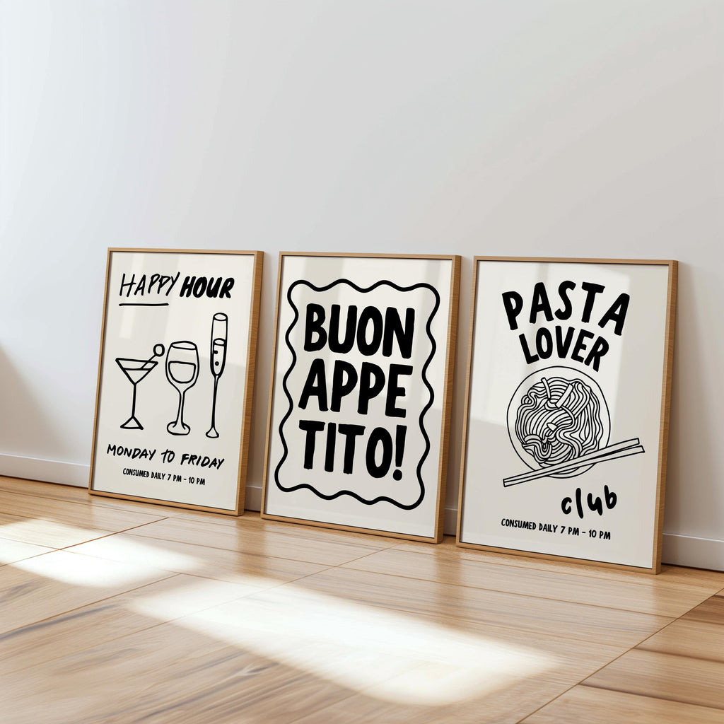 Kitchen Wall Art Set of 3, Pasta Lover Club Print, Buon Appetito Poster, Happy Hour Bar Art, Funny Dining Room Decor, Digital Download