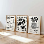 Kitchen Wall Art Set of 3, Pasta Lover Club Print, Buon Appetito Poster, Happy Hour Bar Art, Funny Dining Room Decor, Digital Download