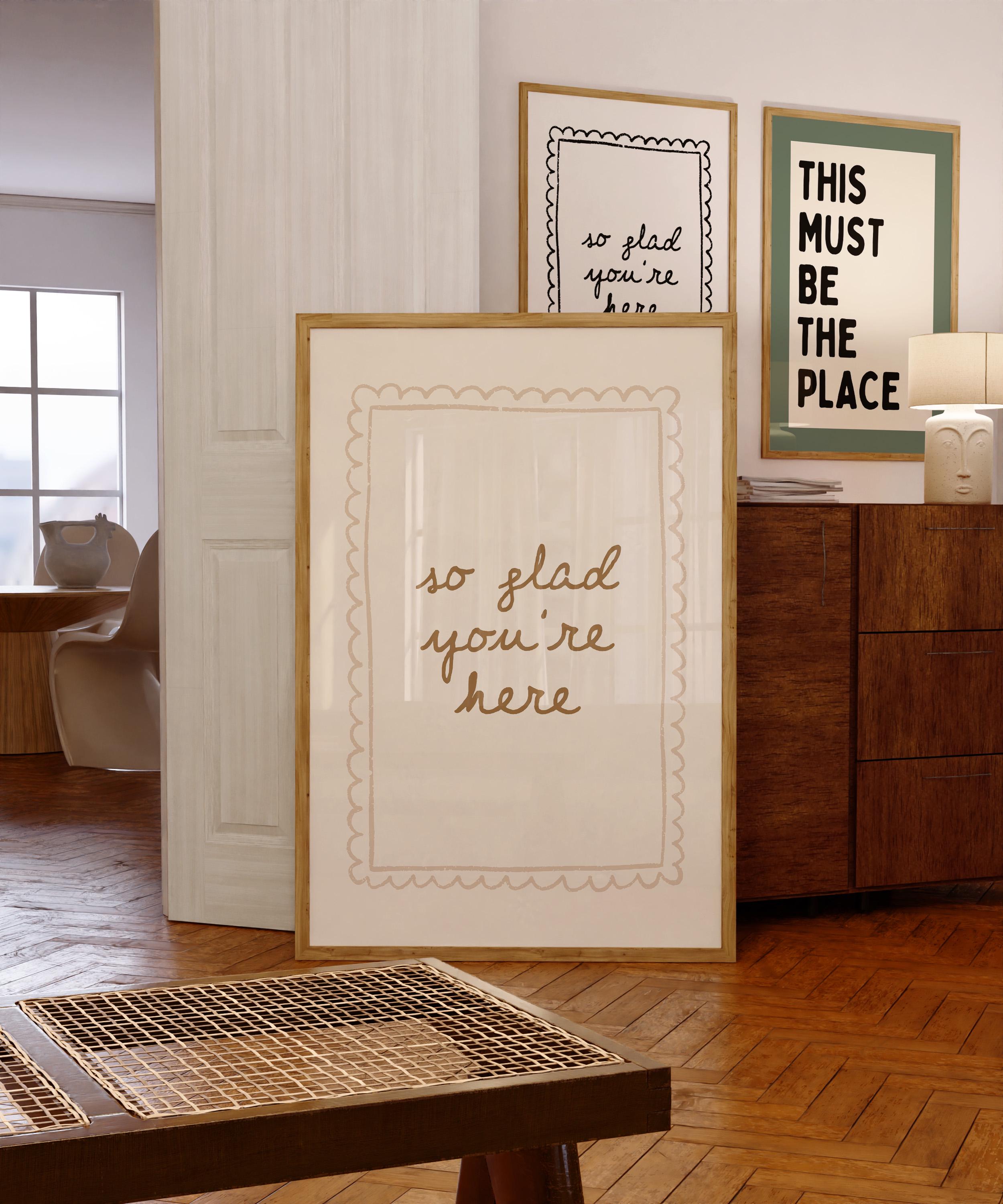 So Glad You’re Here Wall Art, Entryway Welcome Print, Neutral Beige Typography Poster, Minimal Home Decor, Airbnb Wall Art