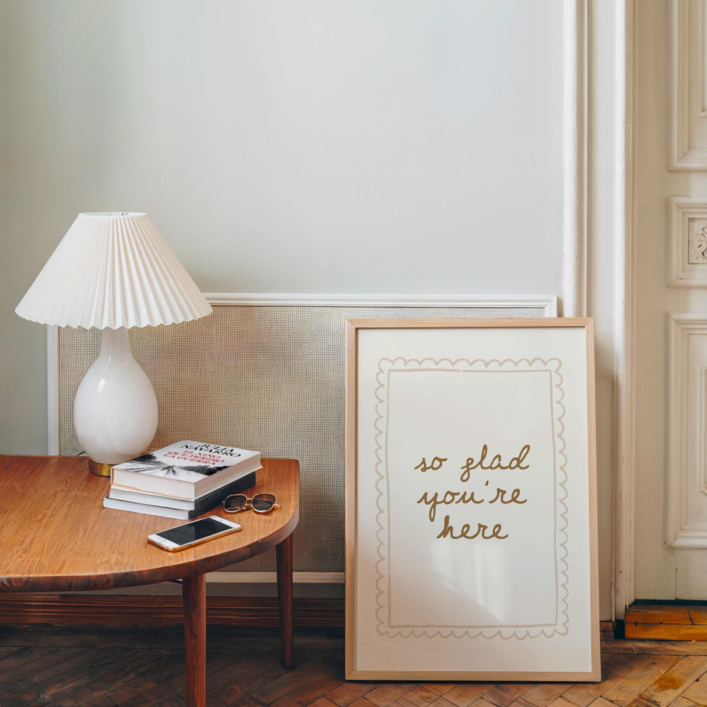 So Glad You’re Here Wall Art, Entryway Welcome Print, Neutral Beige Typography Poster, Minimal Home Decor, Airbnb Wall Art