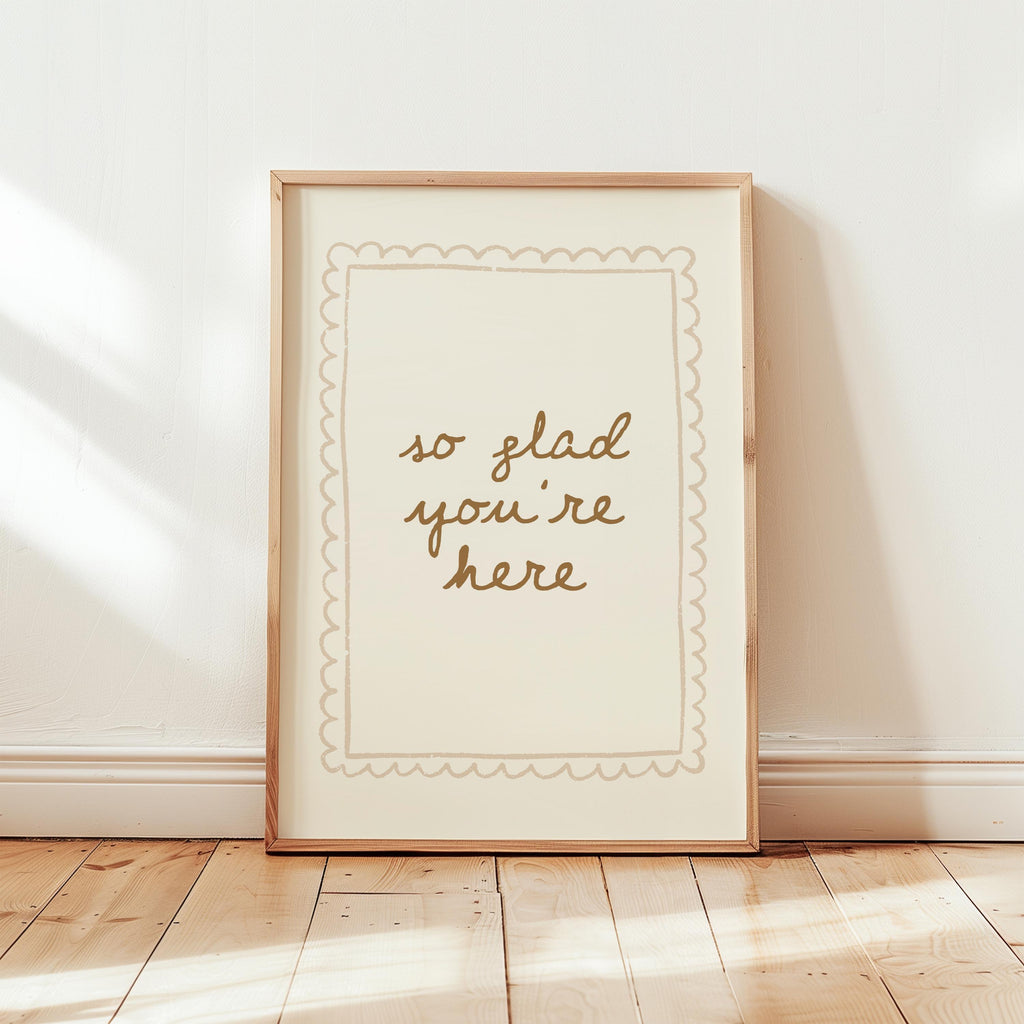 So Glad You’re Here Wall Art, Entryway Welcome Print, Neutral Beige Typography Poster, Minimal Home Decor, Airbnb Wall Art