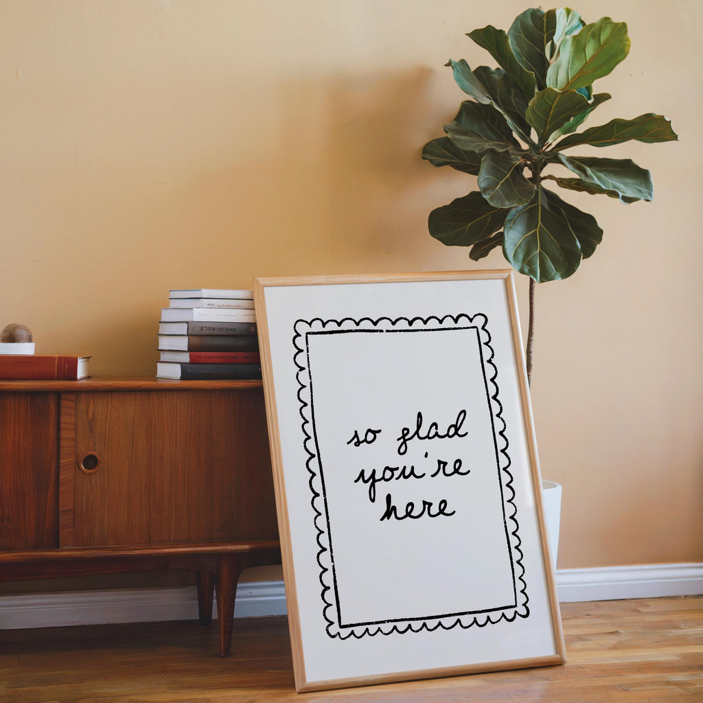 So Glad You’re Here Wall Art, Black White Entryway Print, Minimal Welcome Poster, Modern Home Decor, Airbnb Hallway Art