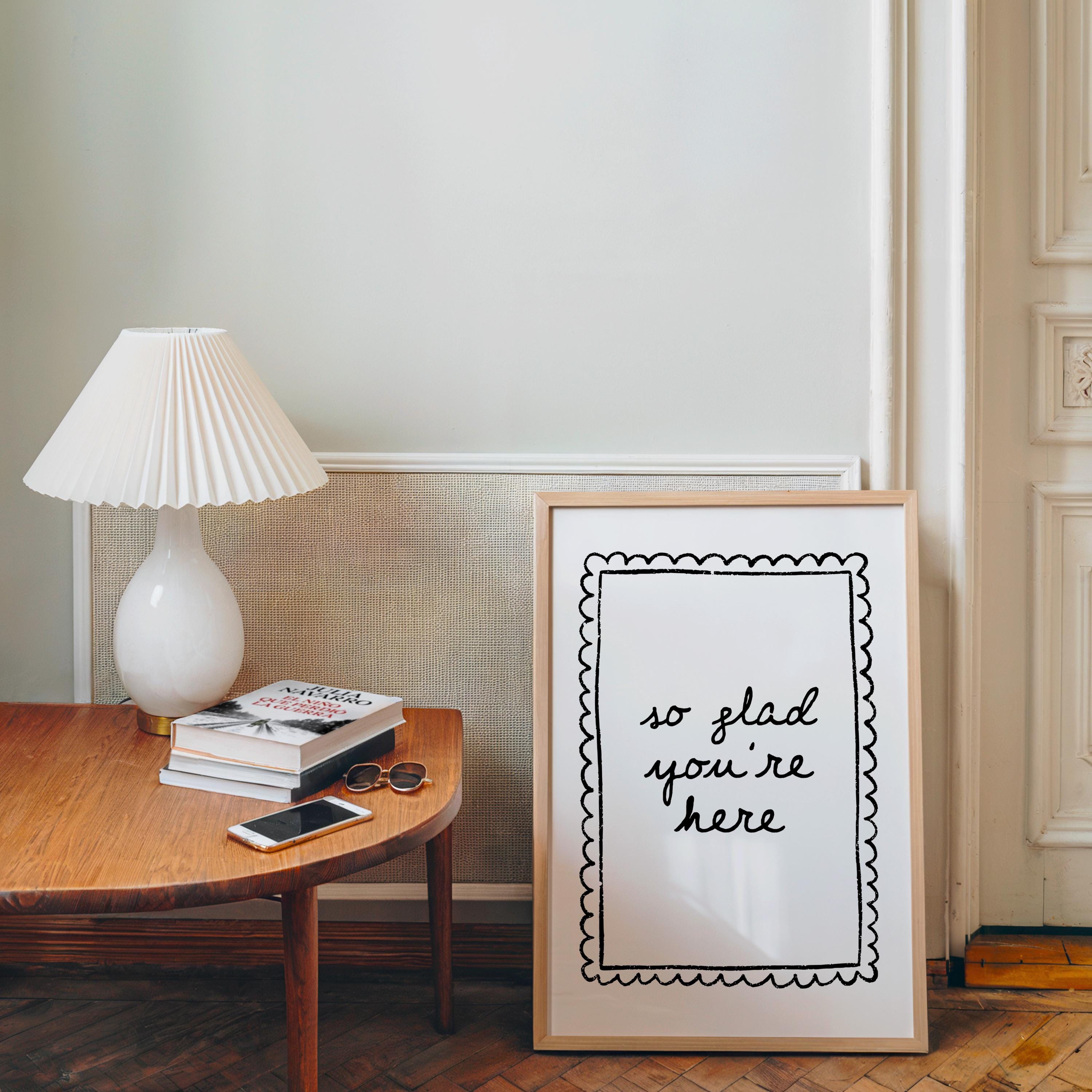 So Glad You’re Here Wall Art, Black White Entryway Print, Minimal Welcome Poster, Modern Home Decor, Airbnb Hallway Art