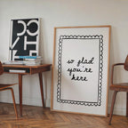 So Glad You’re Here Wall Art, Black White Entryway Print, Minimal Welcome Poster, Modern Home Decor, Airbnb Hallway Art