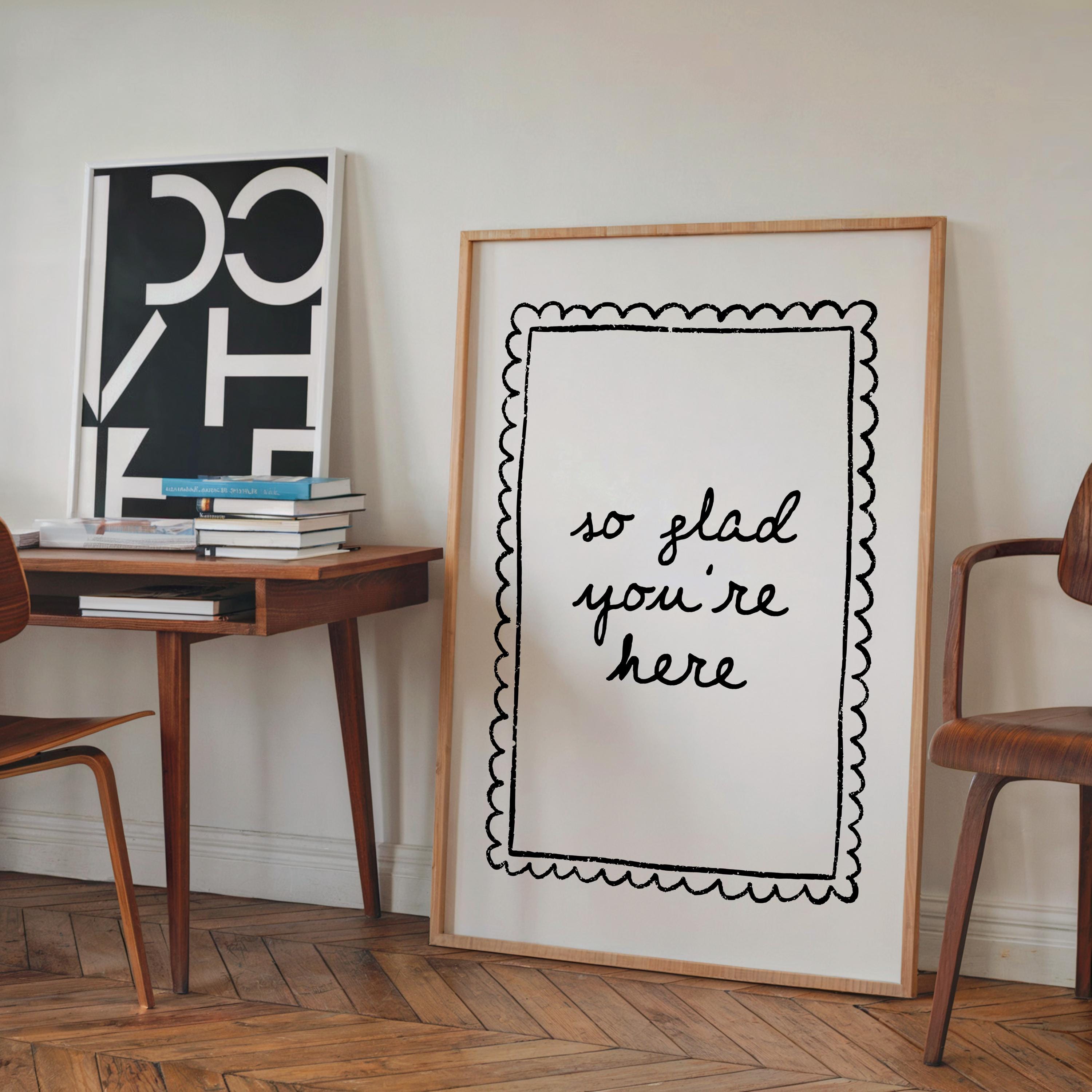 So Glad You’re Here Wall Art, Black White Entryway Print, Minimal Welcome Poster, Modern Home Decor, Airbnb Hallway Art