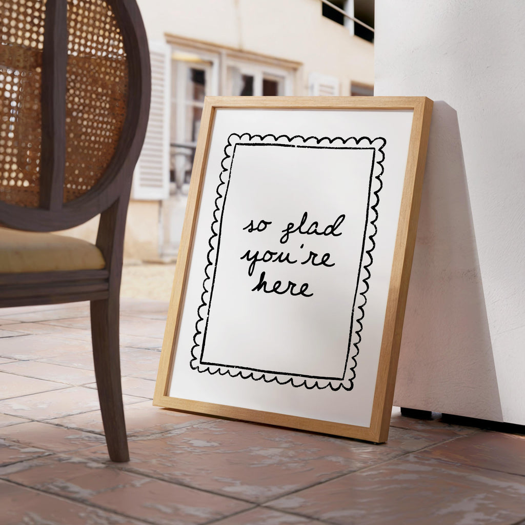 So Glad You’re Here Wall Art, Black White Entryway Print, Minimal Welcome Poster, Modern Home Decor, Airbnb Hallway Art