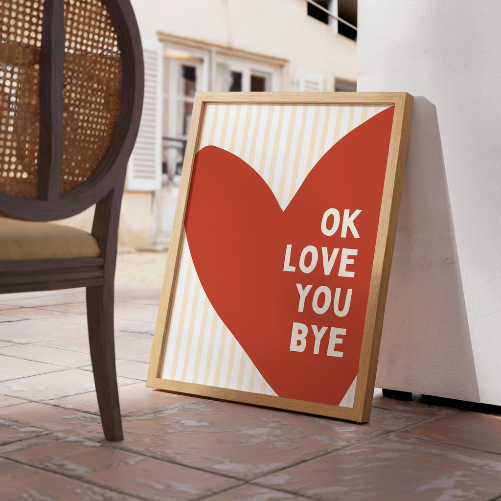 Ok Love You Bye Poster, Retro Typography Wall Art, Minimal Heart Print, Modern Quote Art, Bedroom Living Room Decor