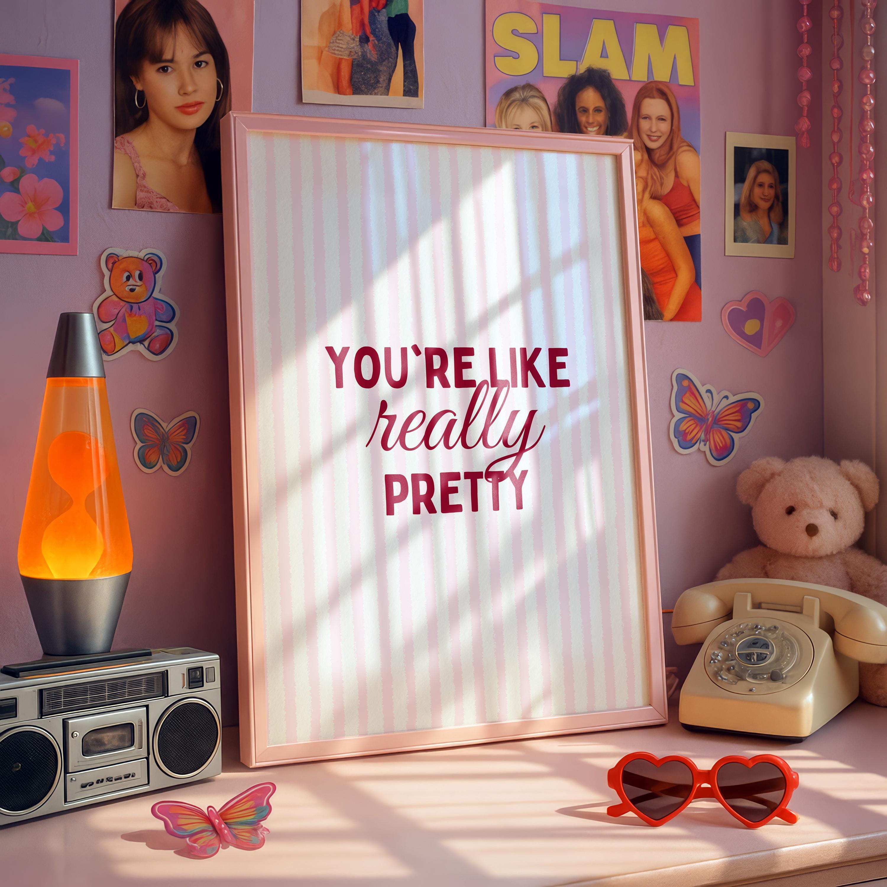 You’re Like Really Pretty Poster, Pink Striped Wall Art, Cute Typography Print, Girly Bedroom Decor, Minimal Quote Art, DIGITAL DOWNLOAD