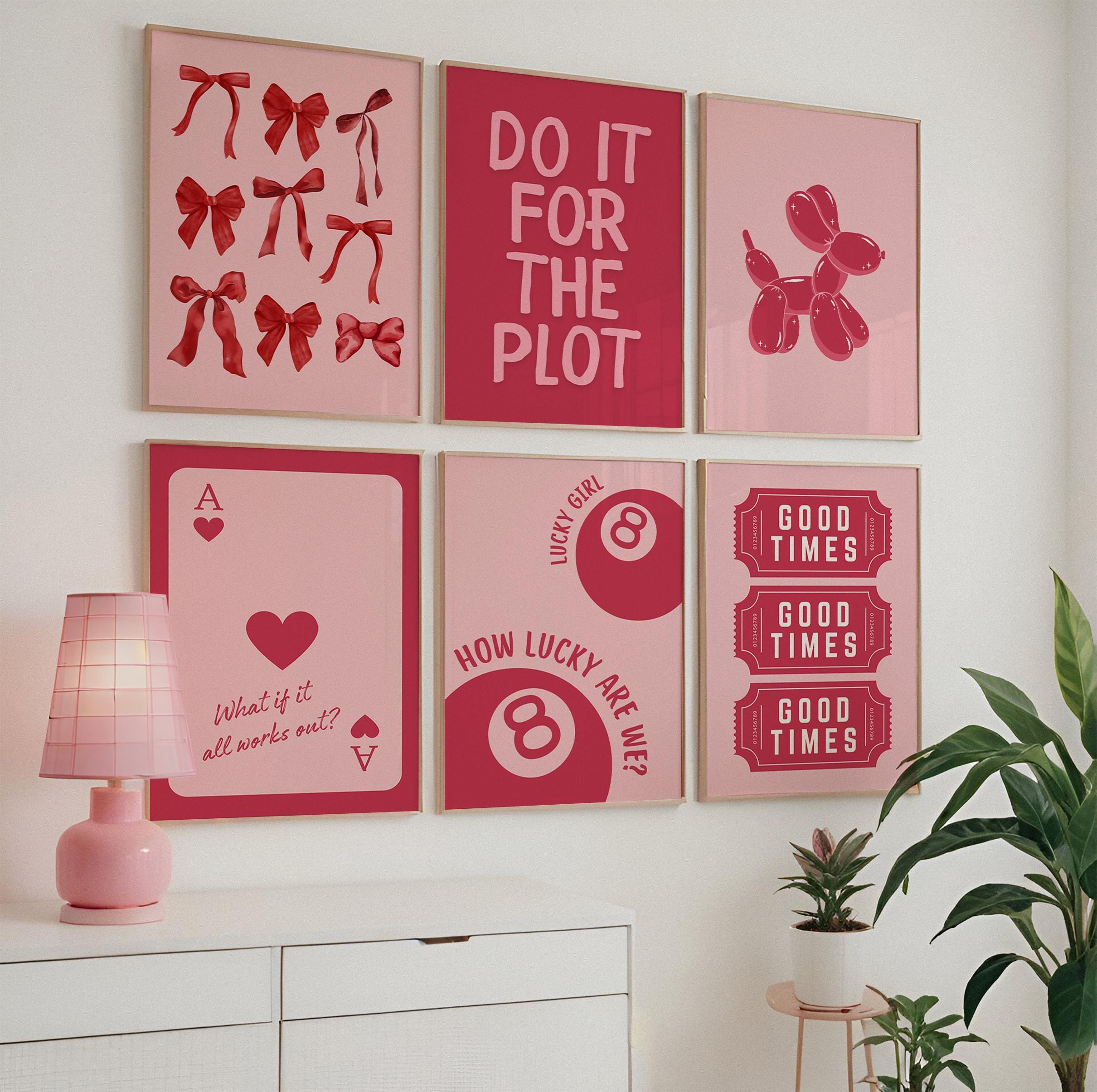 Trendy Red Bows Wall Art Set of 6, Deck Card Preppy poster College Apartment Decor, Watercolor Bows Print Coquette Room Decor Girly Wall Art