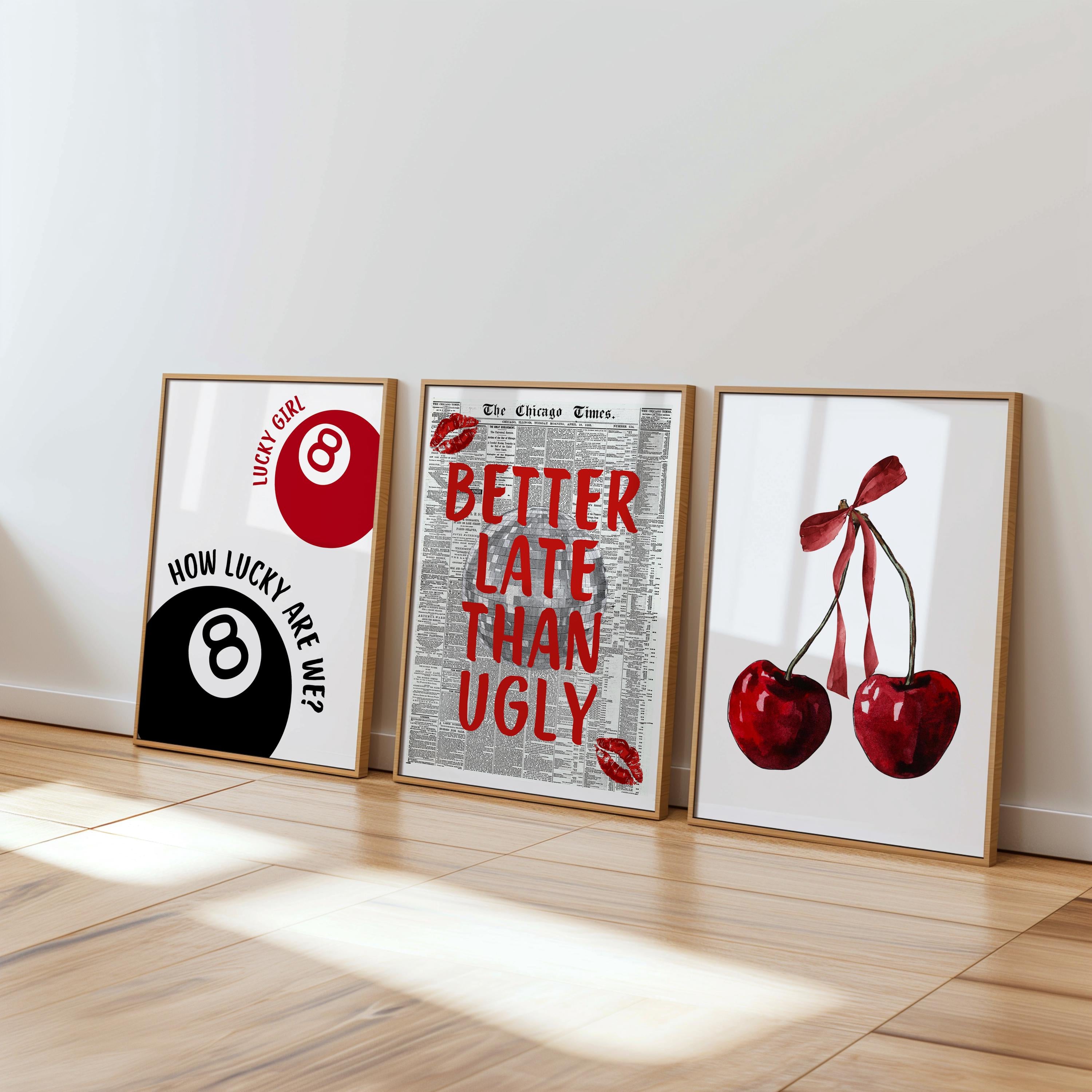 Retro Red Wall Art Set of 6, Good Times Quote Prints, Better Late Than Ugly Poster, Preppy Playful Girls Night College Apartment Decor