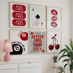 Retro Red Wall Art Set of 6, Good Times Quote Prints, Better Late Than Ugly Poster, Preppy Playful Girls Night College Apartment Decor