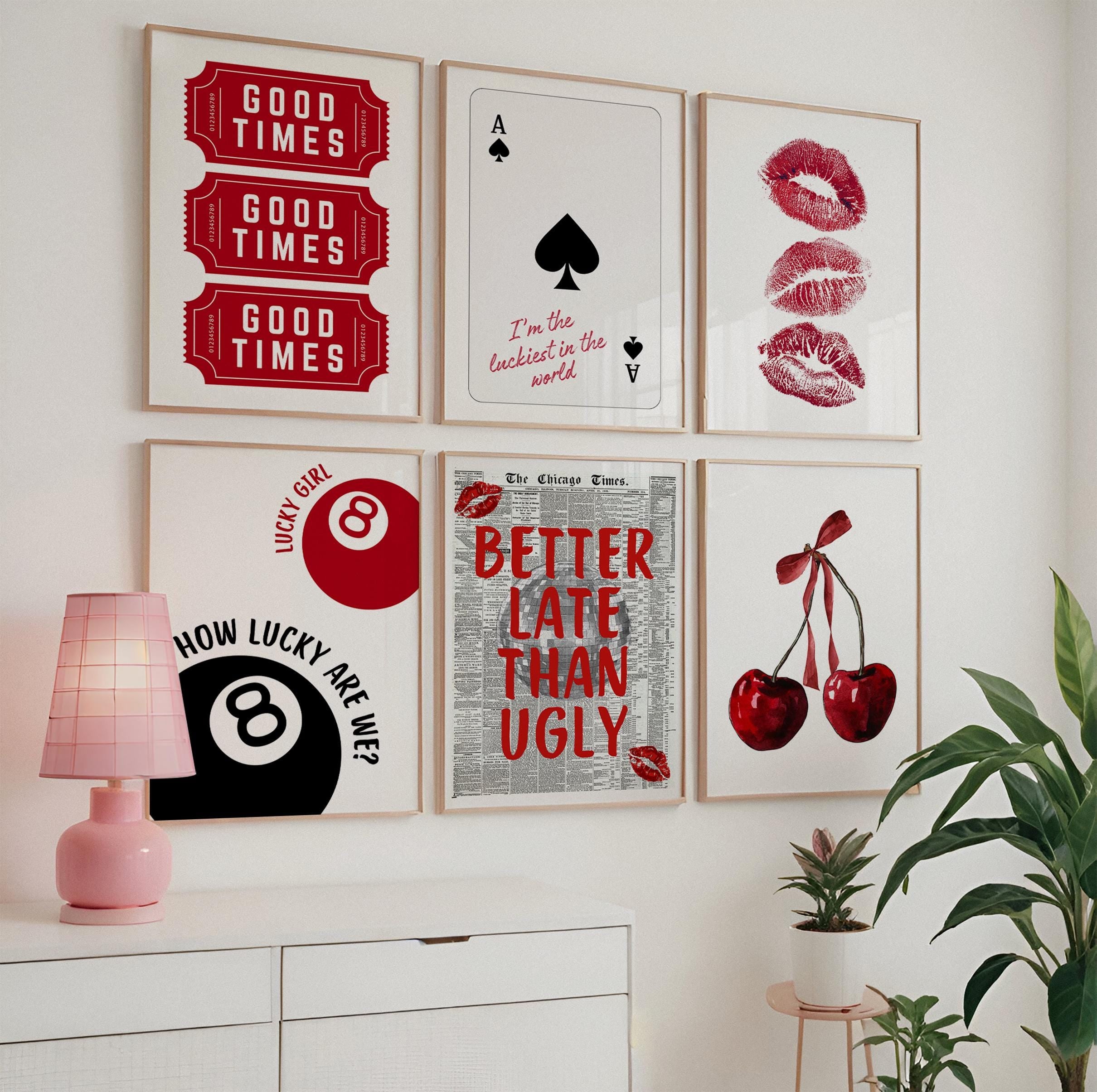 Retro Red Wall Art Set of 6, Good Times Quote Prints, Better Late Than Ugly Poster, Preppy Playful Girls Night College Apartment Decor