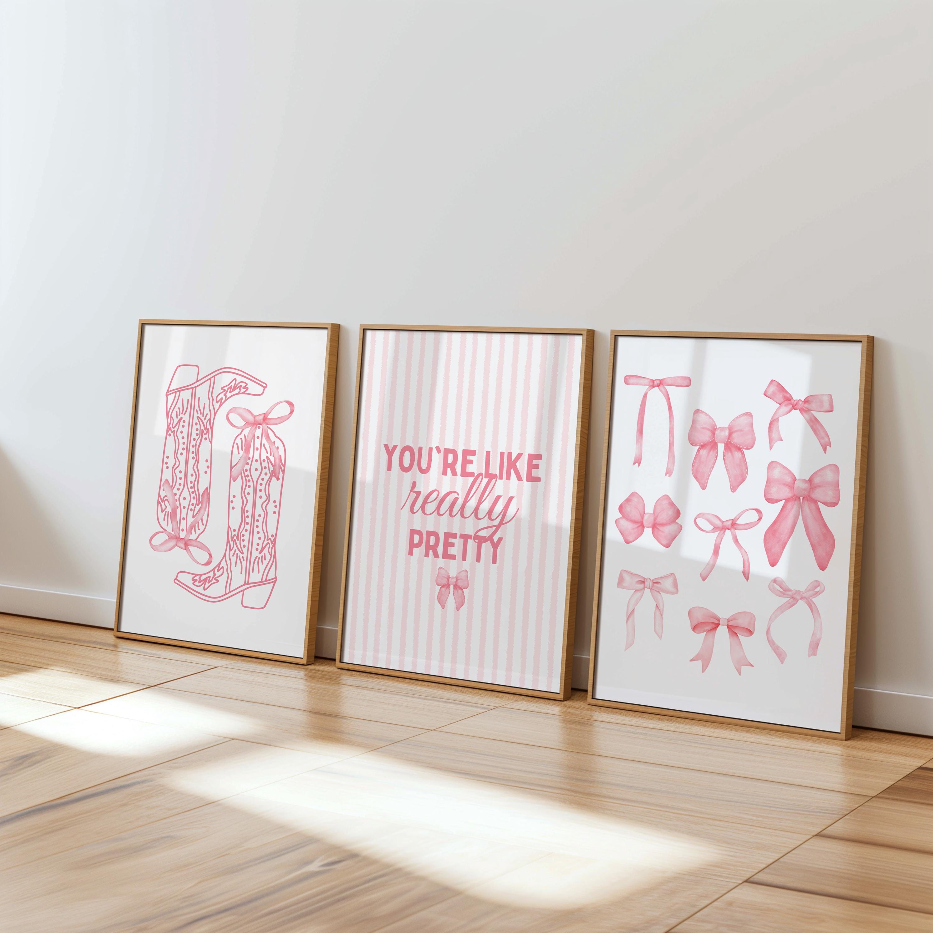 Pink Coquette Wall Art Set of 3, You’re Like Really Pretty Quote Print, Soft Girl Aesthetic Bedroom Dorm Room Decor, Bow Fashion Poster Set