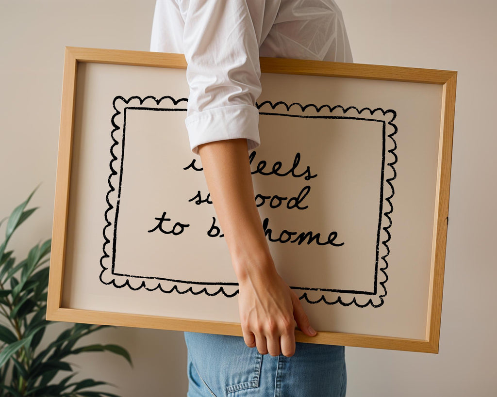 It Feels So Good To Be Home Wall Art Printable, Black White Quote Print, Cozy Neutral Bedroom Bathroom Entryway Decor
