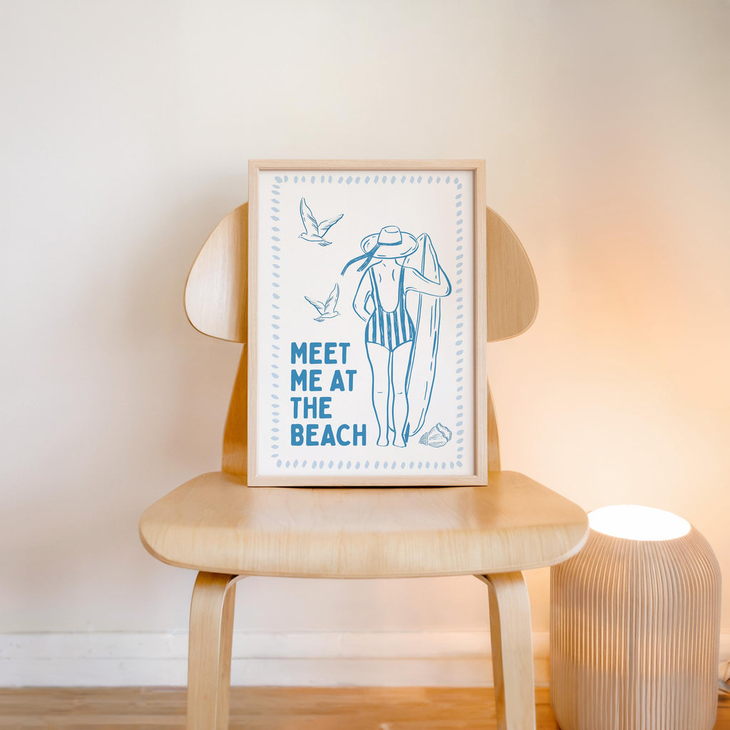 Meet Me At The Beach Wall Art Printable, Coastal Blue Summer Poster, Beach House Decor, Nautical Ocean Bathroom Bedroom Print