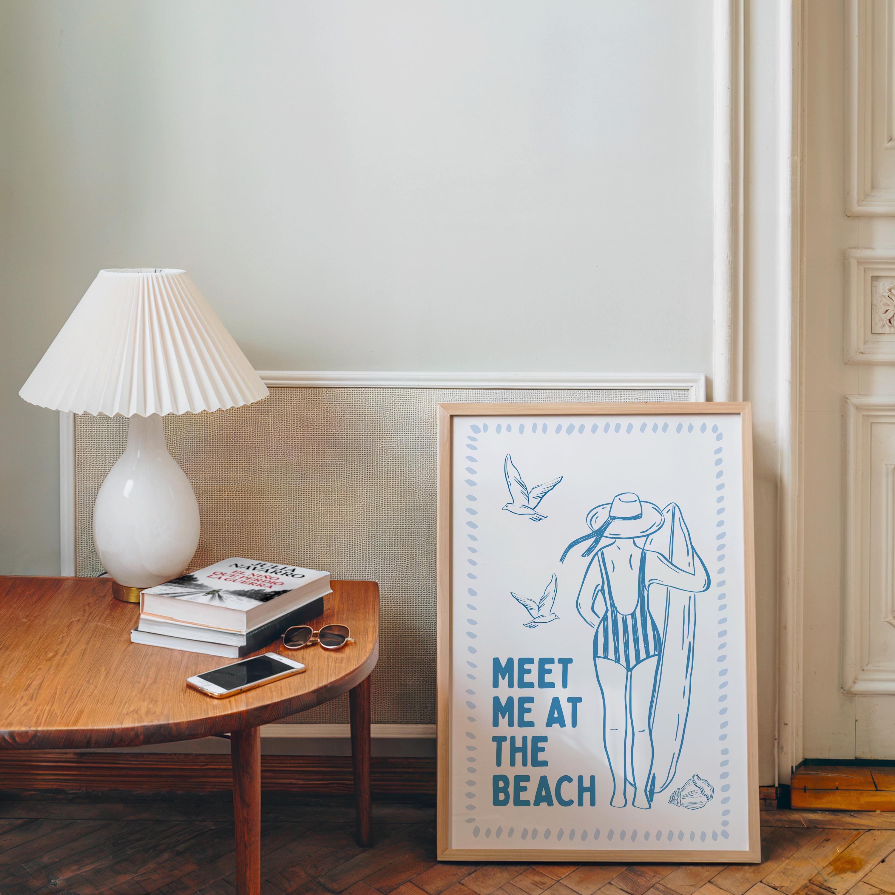 Meet Me At The Beach Wall Art Printable, Coastal Blue Summer Poster, Beach House Decor, Nautical Ocean Bathroom Bedroom Print