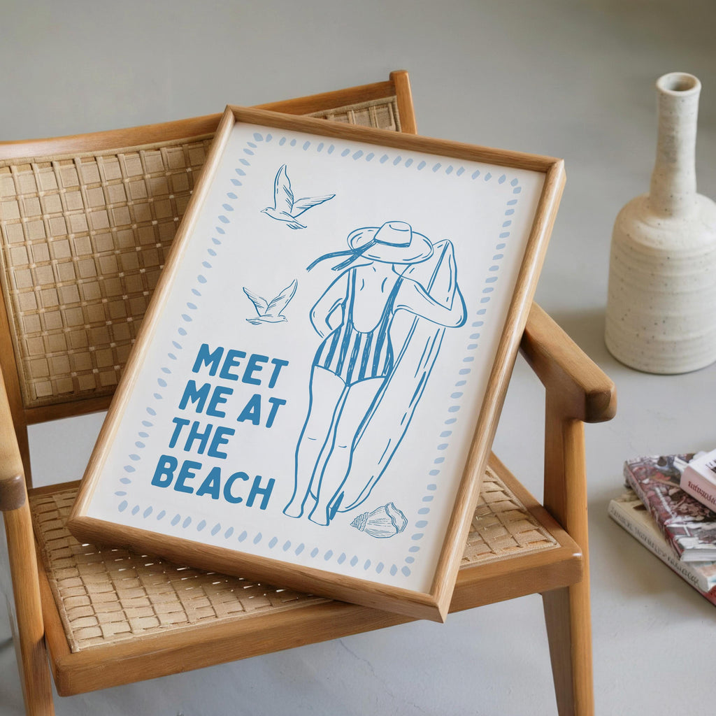 Meet Me At The Beach Wall Art Printable, Coastal Blue Summer Poster, Beach House Decor, Nautical Ocean Bathroom Bedroom Print