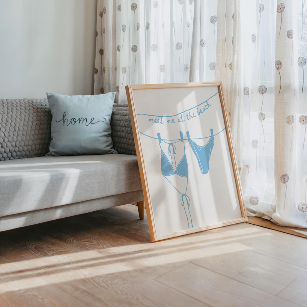 Meet Me At The Beach Bikini Wall Art Printable, Coastal Summer Decor, Blue Beach House Bathroom Bedroom Nautical Poster, DIGITAL DOWNLOAD