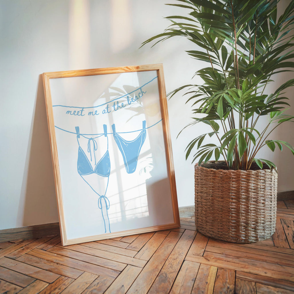 Meet Me At The Beach Bikini Wall Art Printable, Coastal Summer Decor, Blue Beach House Bathroom Bedroom Nautical Poster, DIGITAL DOWNLOAD
