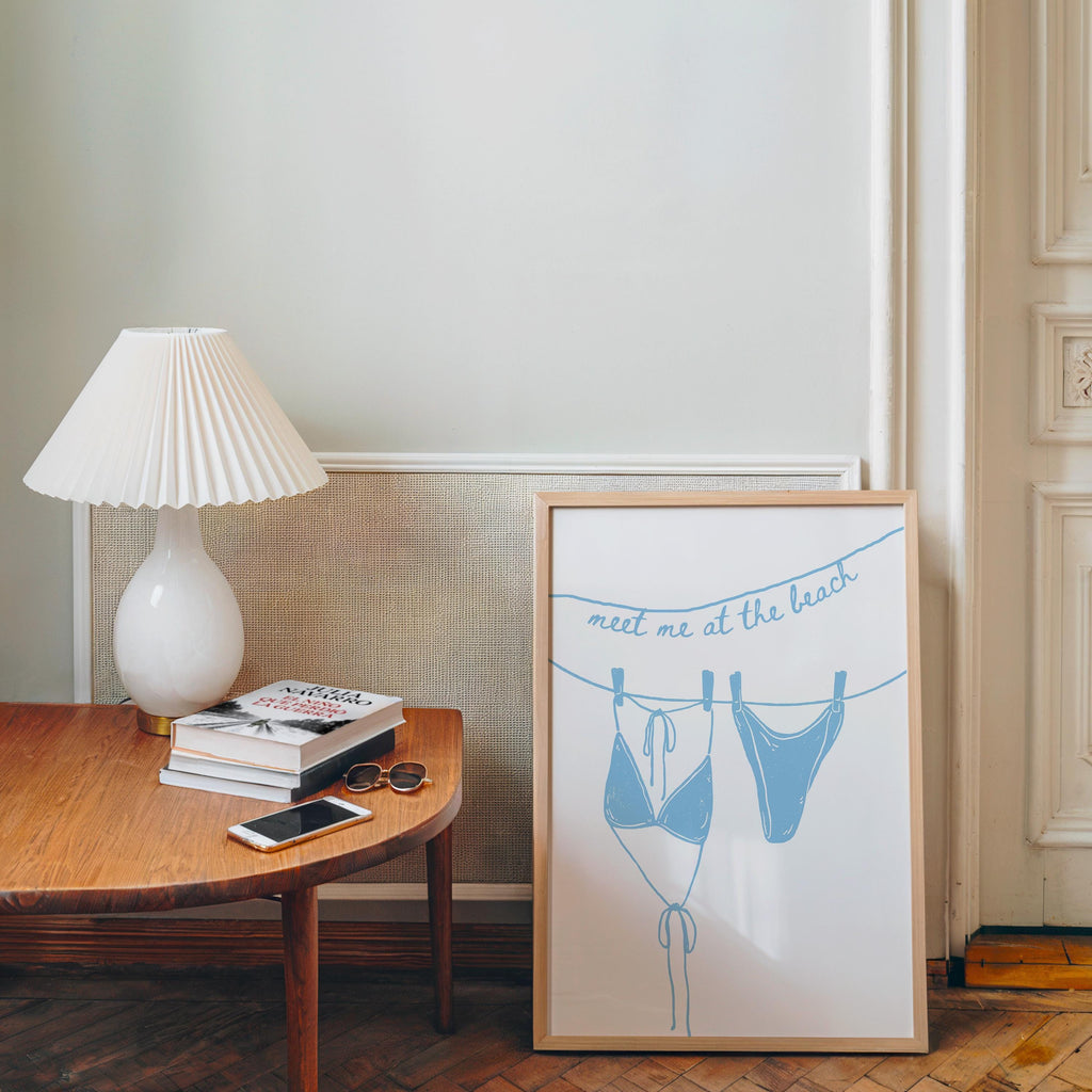 Meet Me At The Beach Bikini Wall Art Printable, Coastal Summer Decor, Blue Beach House Bathroom Bedroom Nautical Poster, DIGITAL DOWNLOAD