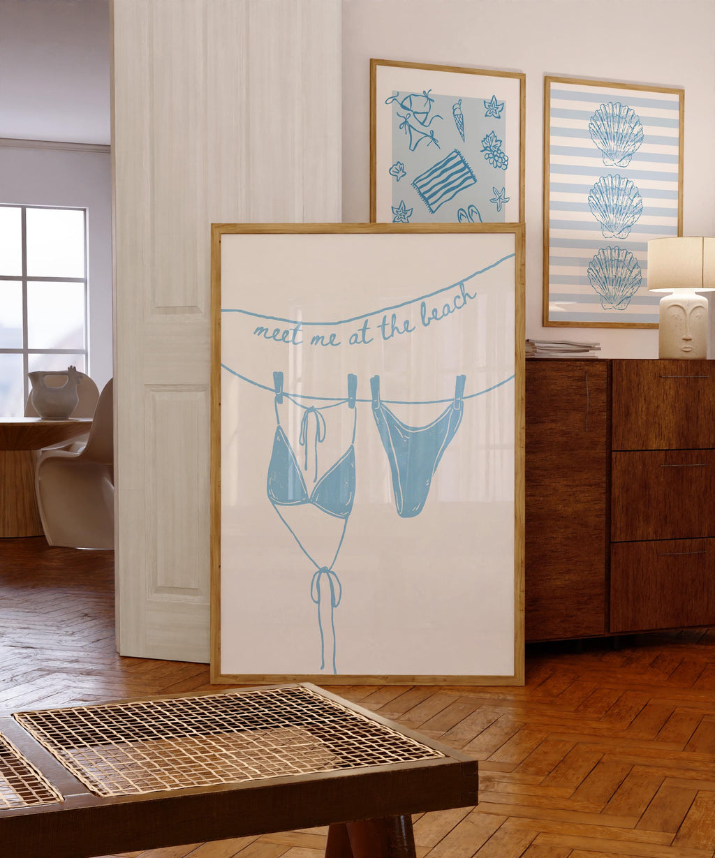 Meet Me At The Beach Bikini Wall Art Printable, Coastal Summer Decor, Blue Beach House Bathroom Bedroom Nautical Poster, DIGITAL DOWNLOAD