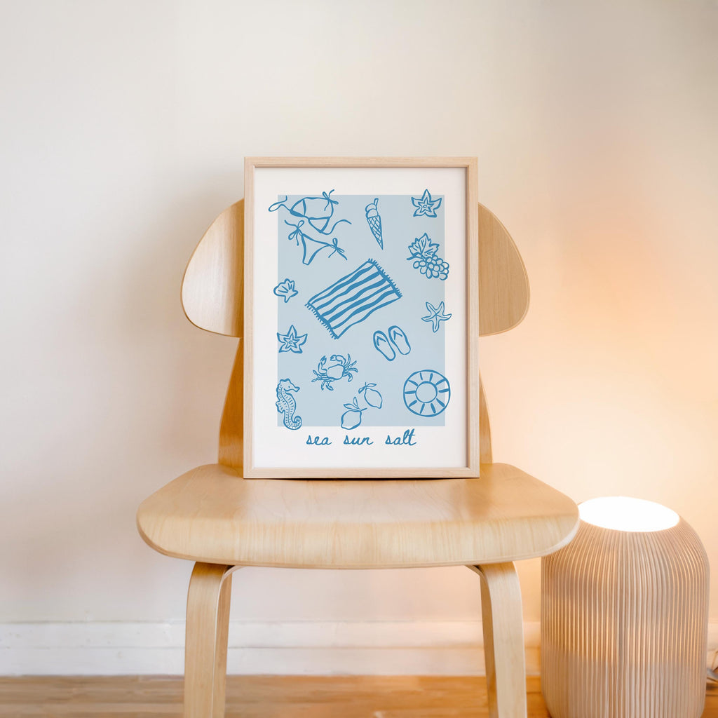 Sea Sun Salt Coastal Wall Art Printable, Blue Beach Icons Poster, Nautical Summer Decor, Beach House Bathroom Kitchen Print
