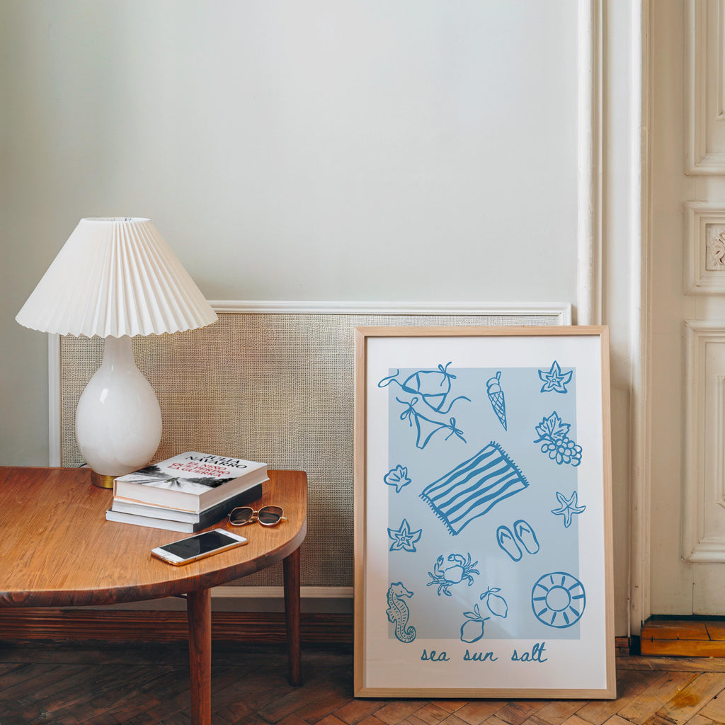 Sea Sun Salt Coastal Wall Art Printable, Blue Beach Icons Poster, Nautical Summer Decor, Beach House Bathroom Kitchen Print