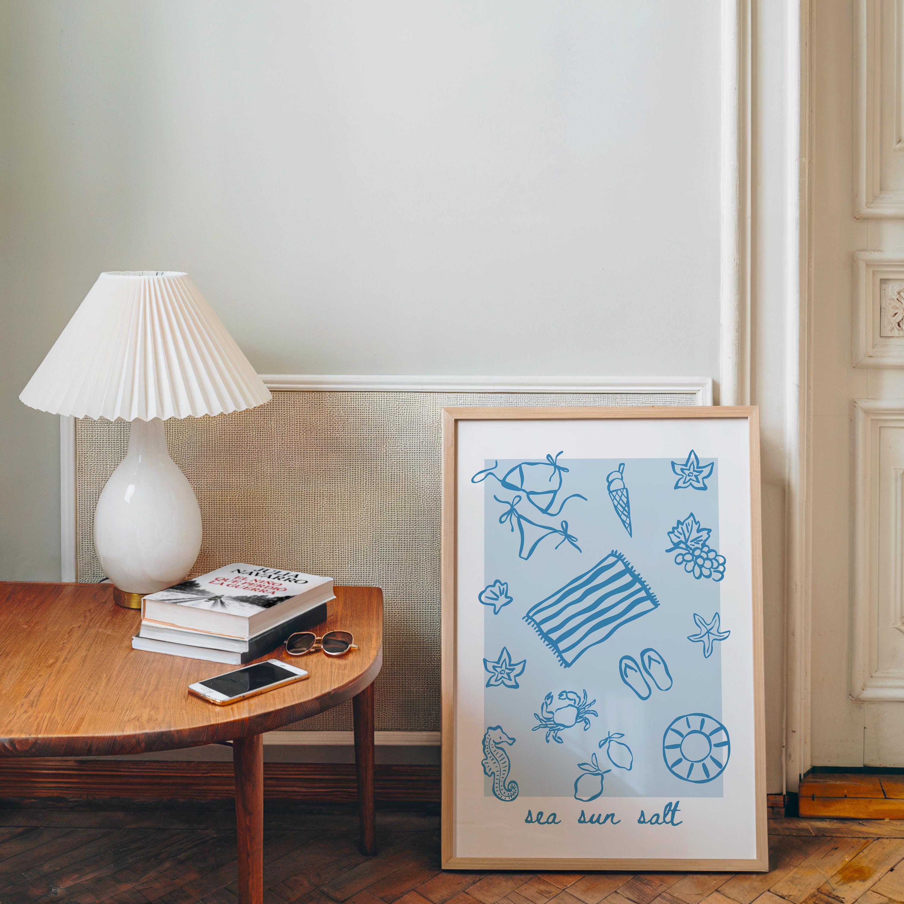 Sea Sun Salt Coastal Wall Art Printable, Blue Beach Icons Poster, Nautical Summer Decor, Beach House Bathroom Kitchen Print