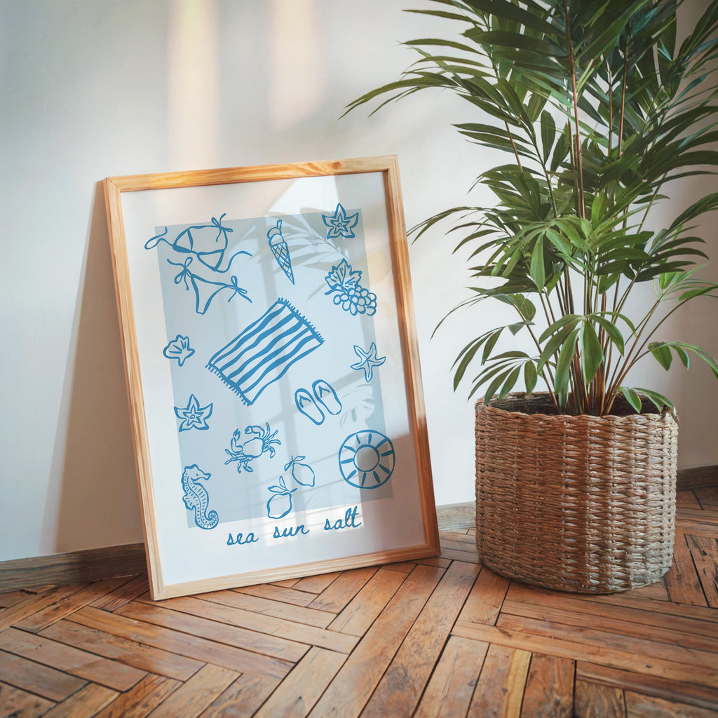 Sea Sun Salt Coastal Wall Art Printable, Blue Beach Icons Poster, Nautical Summer Decor, Beach House Bathroom Kitchen Print
