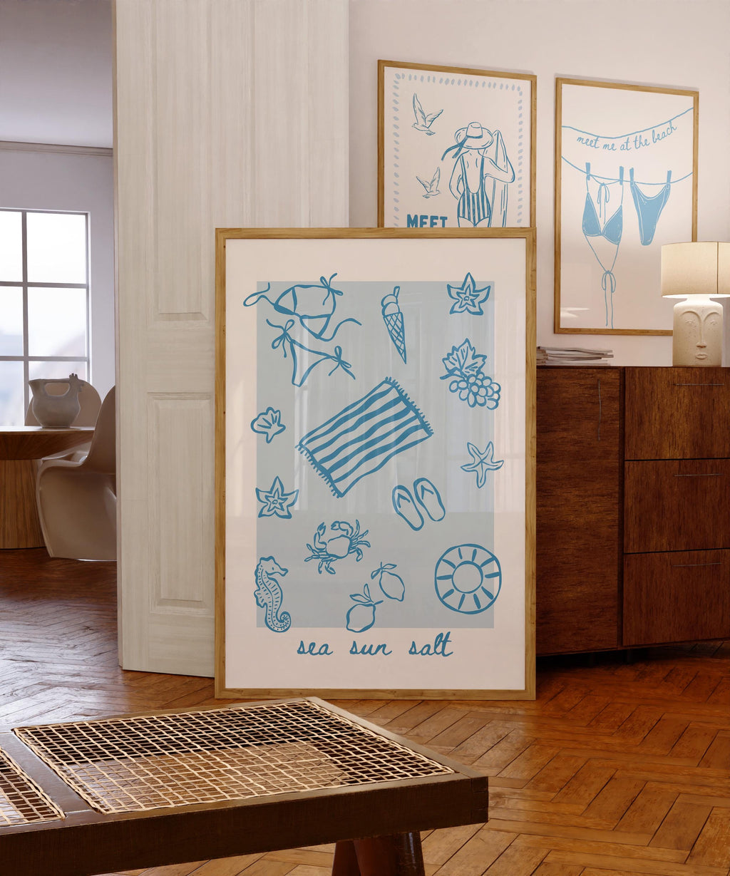Sea Sun Salt Coastal Wall Art Printable, Blue Beach Icons Poster, Nautical Summer Decor, Beach House Bathroom Kitchen Print