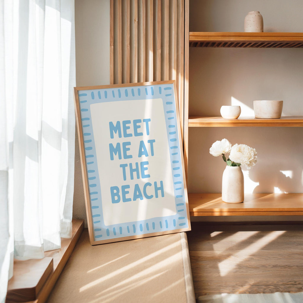 Meet Me At The Beach Wall Art Printable, Blue Coastal Typography Poster, Beach House Decor, Nautical Summer Bathroom Bedroom Print