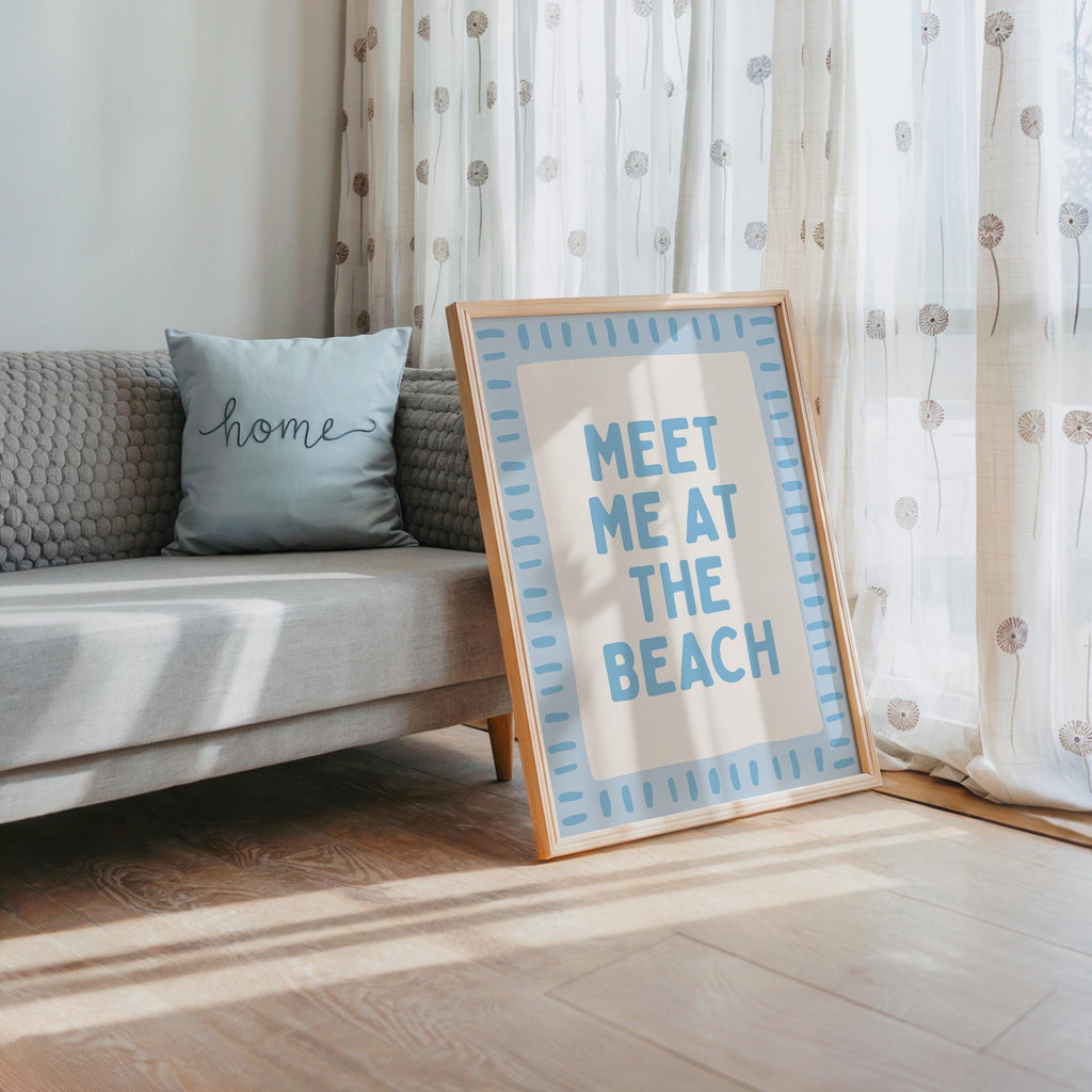 Meet Me At The Beach Wall Art Printable, Blue Coastal Typography Poster, Beach House Decor, Nautical Summer Bathroom Bedroom Print