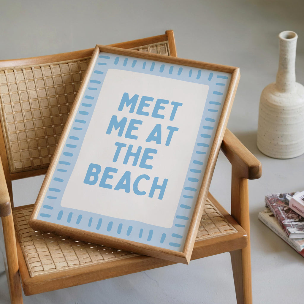 Meet Me At The Beach Wall Art Printable, Blue Coastal Typography Poster, Beach House Decor, Nautical Summer Bathroom Bedroom Print