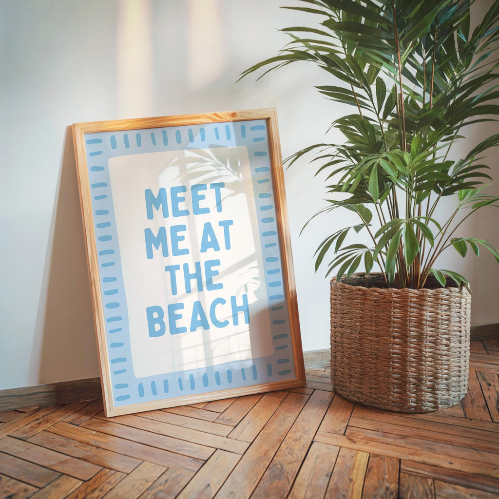 Meet Me At The Beach Wall Art Printable, Blue Coastal Typography Poster, Beach House Decor, Nautical Summer Bathroom Bedroom Print