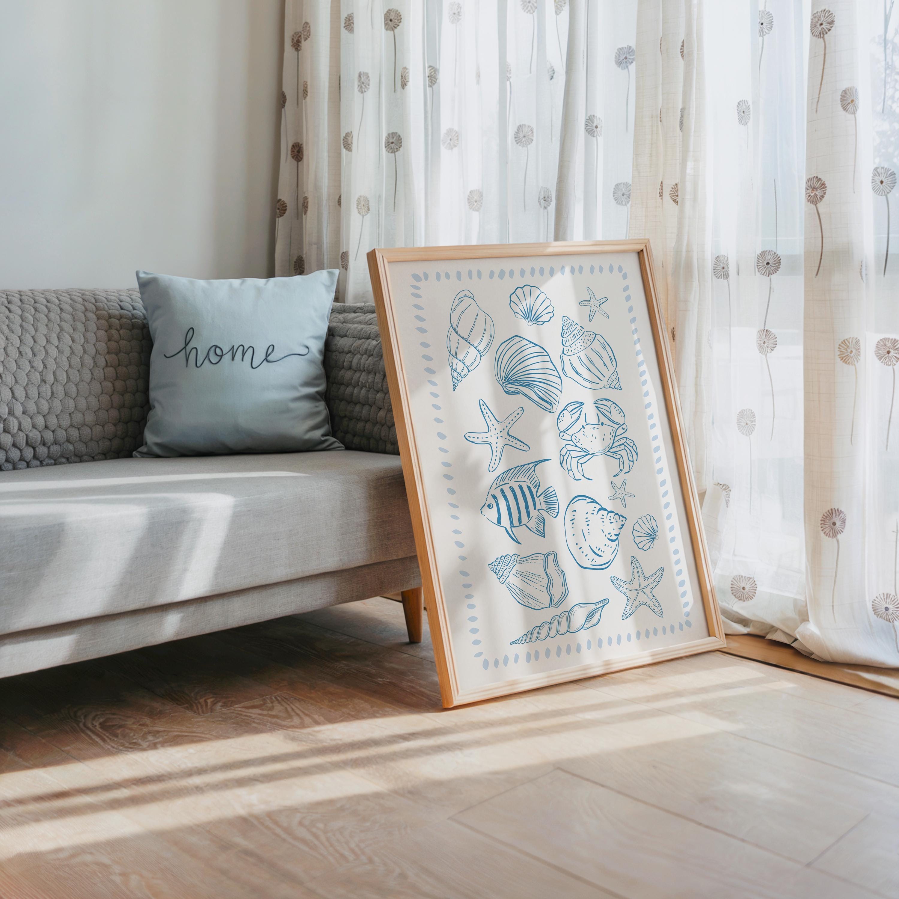 Coastal Gallery Wall Set of 3 Printable, Blue Beach House Decor, Seashell Nautical Art, Summer Ocean Bathroom Bedroom Prints