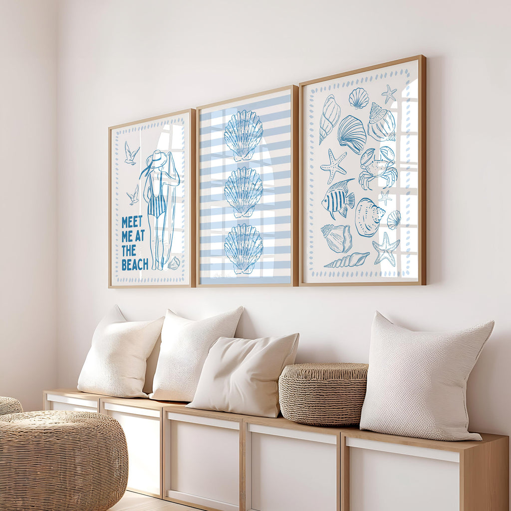 Coastal Gallery Wall Set of 3 Printable, Blue Beach House Decor, Seashell Nautical Art, Summer Ocean Bathroom Bedroom Prints