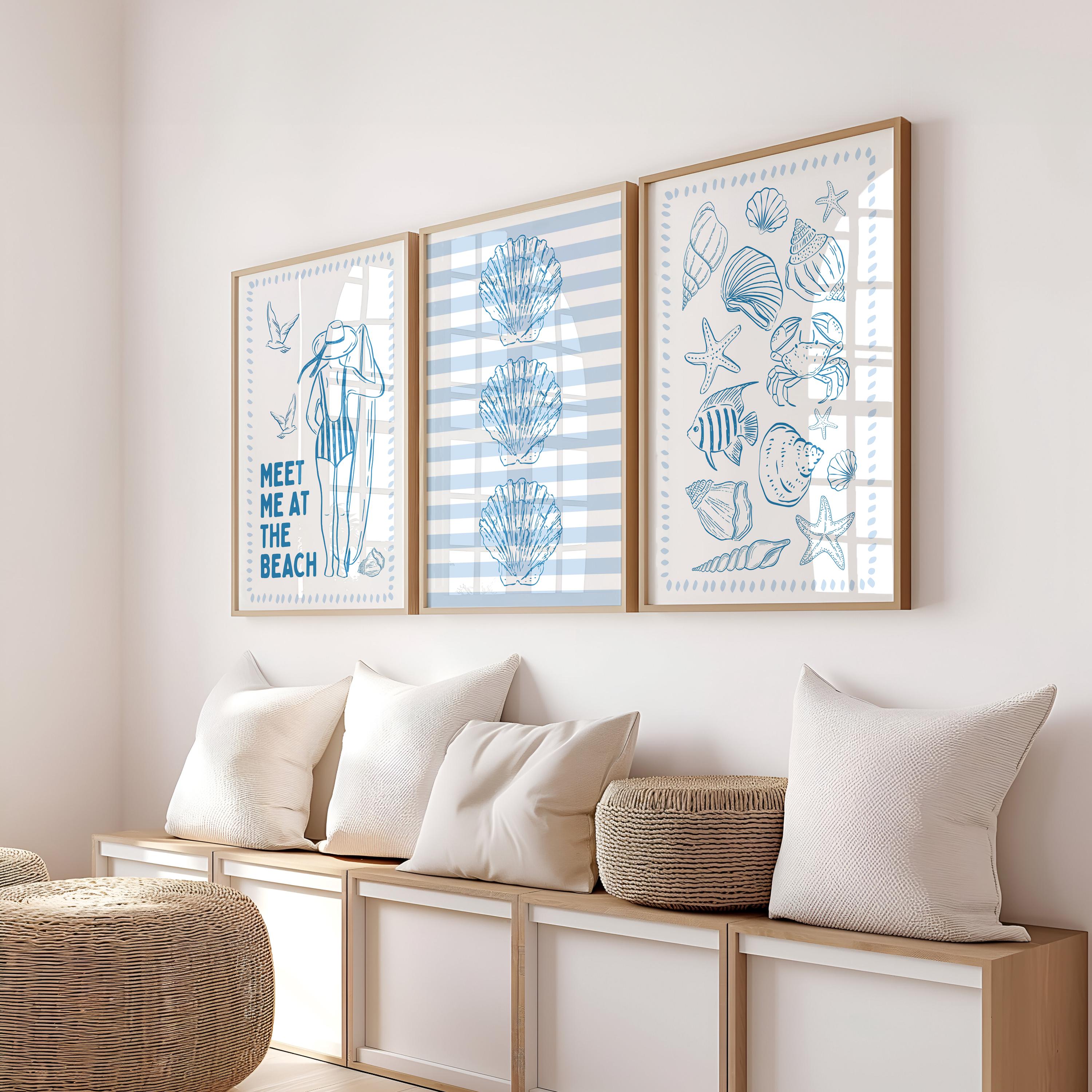 Coastal Gallery Wall Set of 3 Printable, Blue Beach House Decor, Seashell Nautical Art, Summer Ocean Bathroom Bedroom Prints