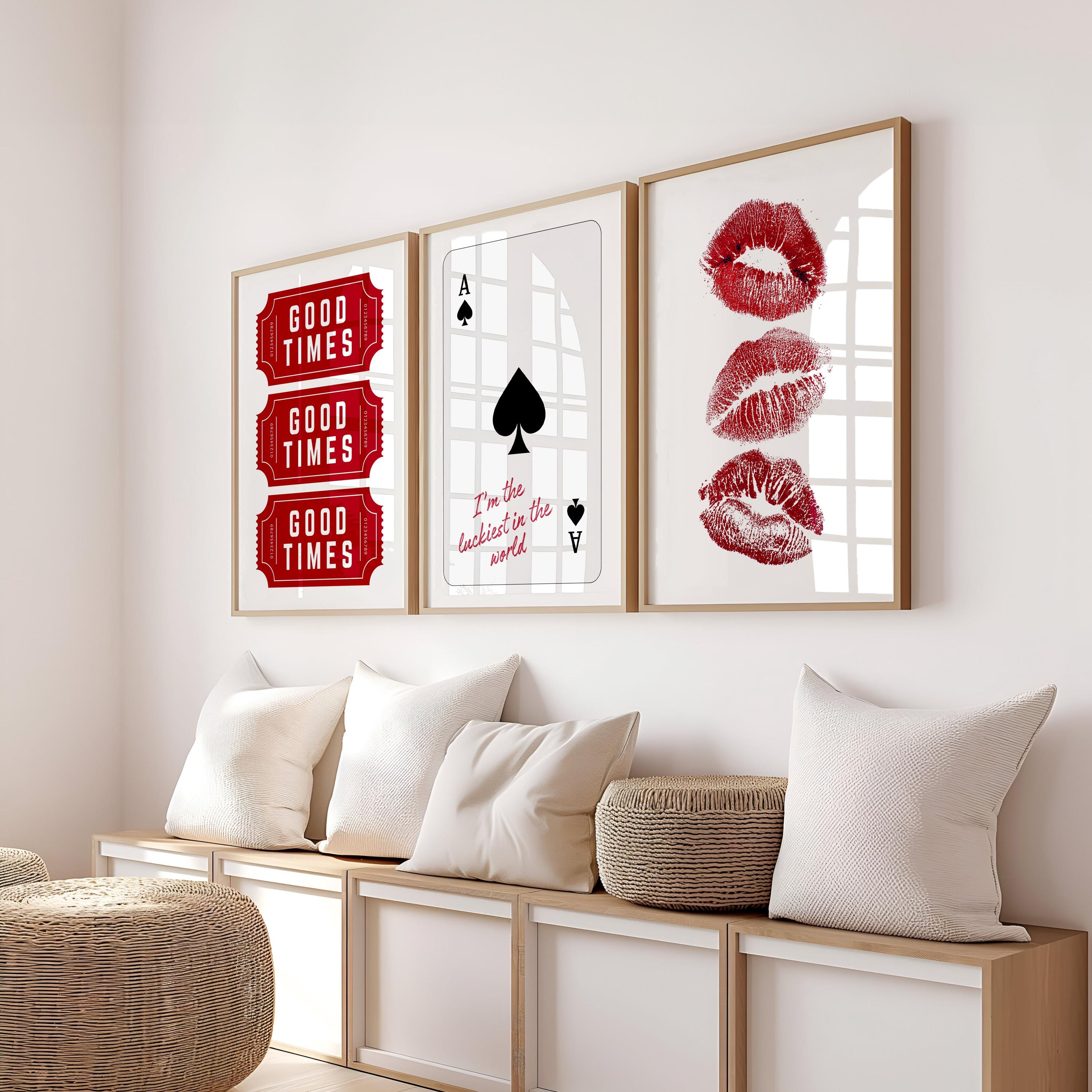 Good Times Wall Art Set, Playing Card Quote Print, Ace of Spades Poster, Red Lips Art, Modern Bar Decor, Romantic Statement Prints