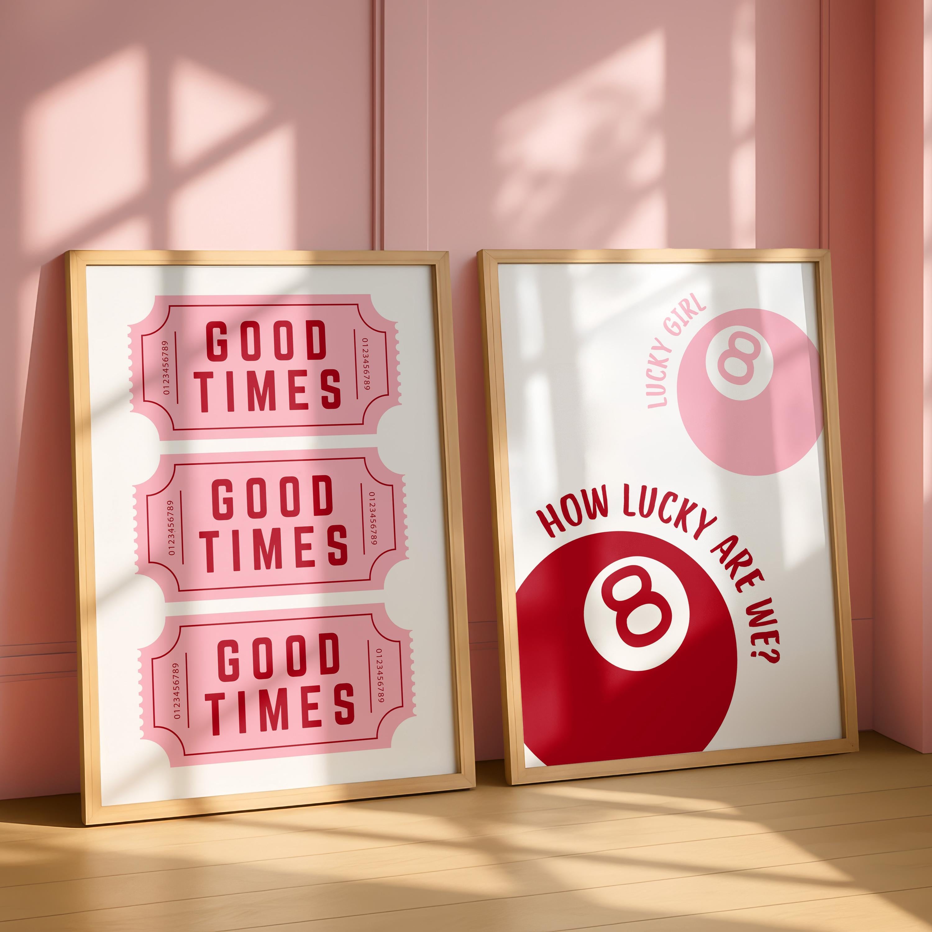Good Times Pink Wall Art Set, Playing Card Quote Prints, Ace of Hearts Poster, How Lucky Are We Print, Romantic Bar Decor, Valentine Gift