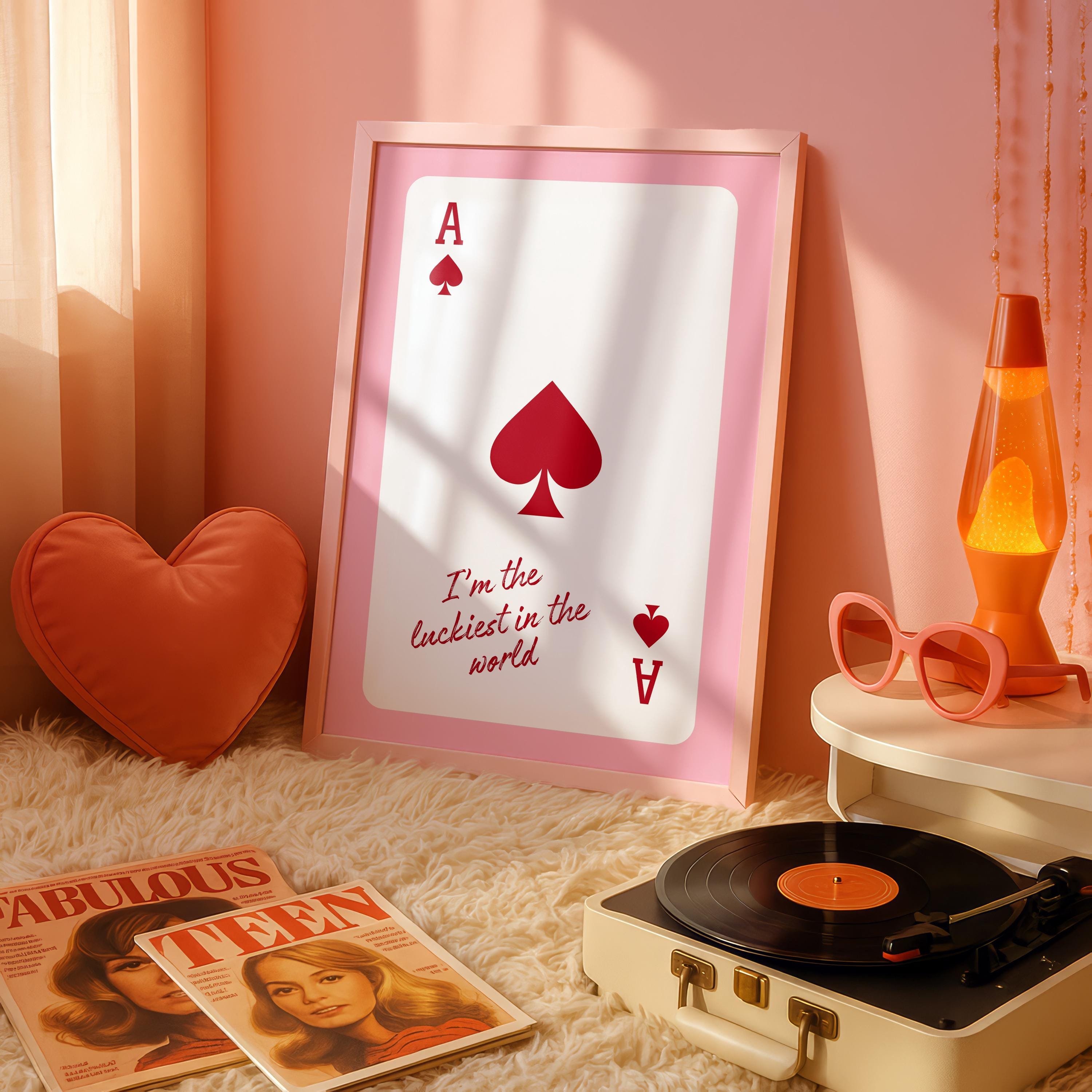 Good Times Pink Wall Art Set, Playing Card Quote Prints, Ace of Hearts Poster, How Lucky Are We Print, Romantic Bar Decor, Valentine Gift