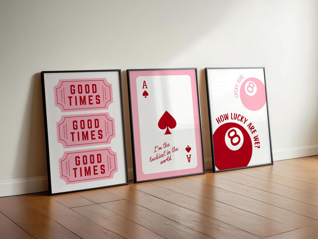Good Times Pink Wall Art Set, Playing Card Quote Prints, Ace of Hearts Poster, How Lucky Are We Print, Romantic Bar Decor, Valentine Gift