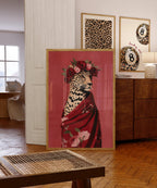 Leopard Wall Art Print, Fashion Animal Portrait, Red Floral Crown Poster, Bold Modern Decor, Aesthetic Wildlife Art Printable