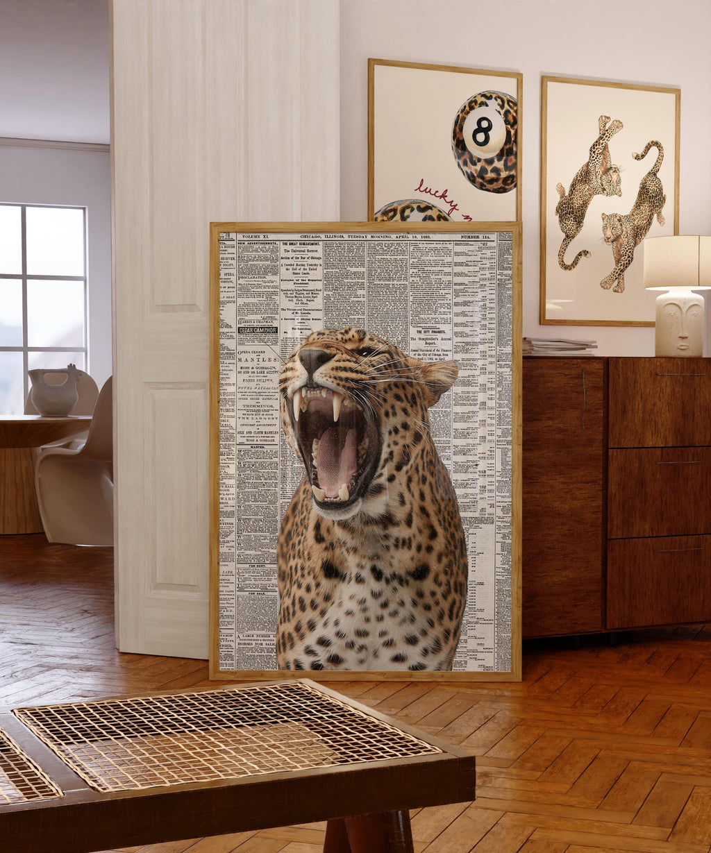 Roaring Leopard Wall Art, Modern Glam Animal Print, Newspaper Background Poster, Bold Fashion Decor, Statement Wildlife Artwork DIGITAL