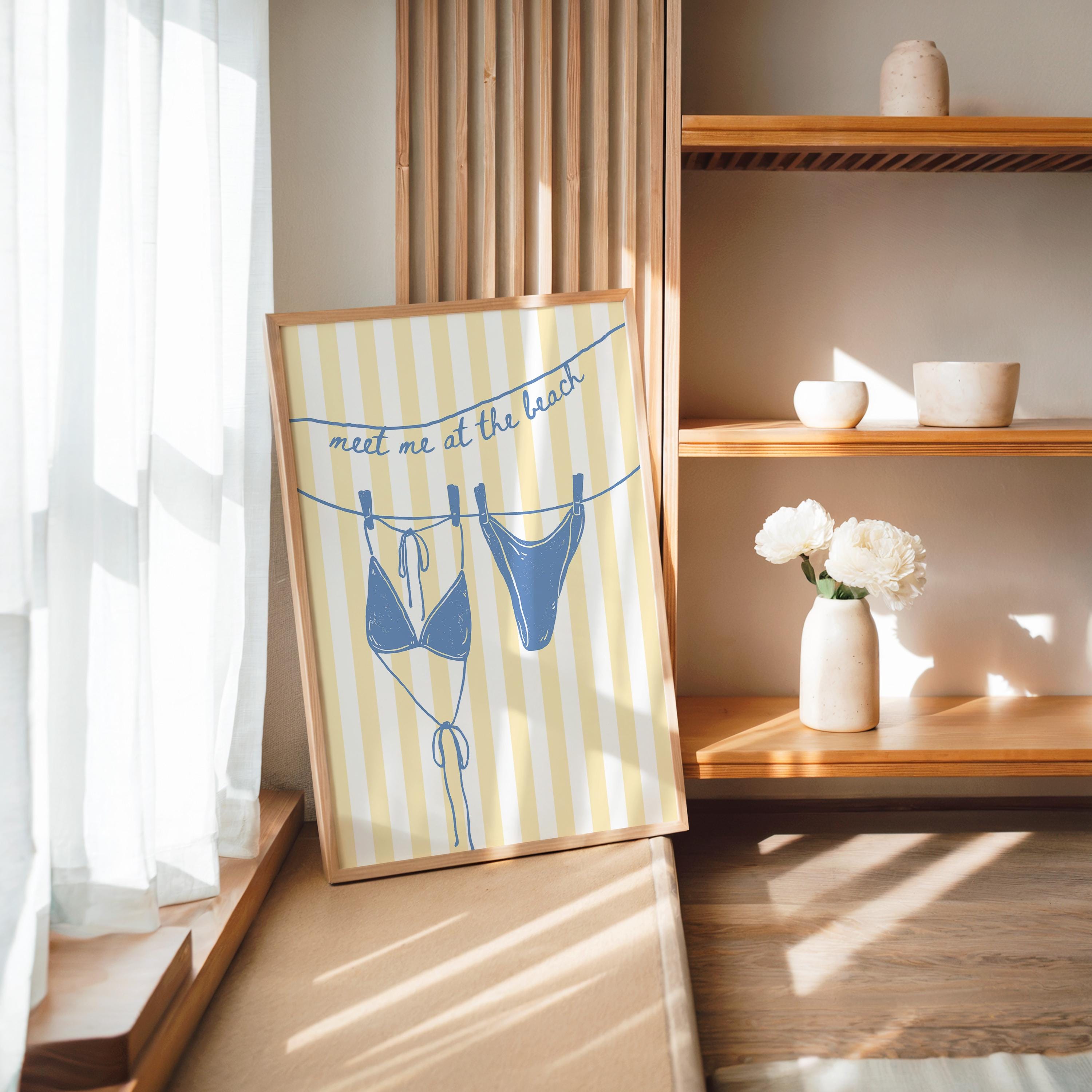 Meet Me at the Beach Wall Art, Coastal Bathroom Printable, Blue Yellow Beach Decor, Bikini Line Art, Summer Coastal Home Print