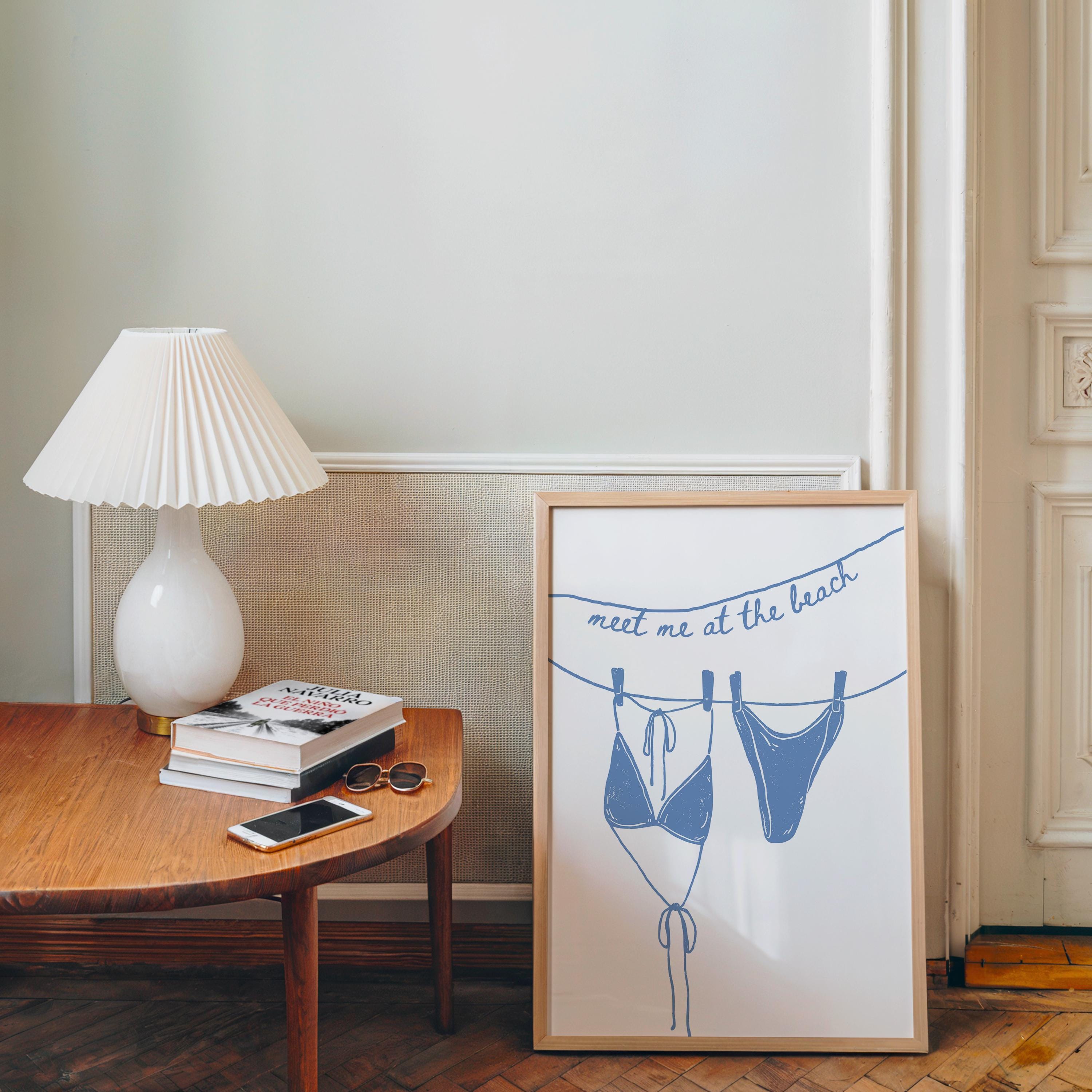Meet Me at the Beach Wall Art, Coastal Bathroom Print, Blue Line Art Bikini Poster, Hamptons Beach House Decor, Summer Printable