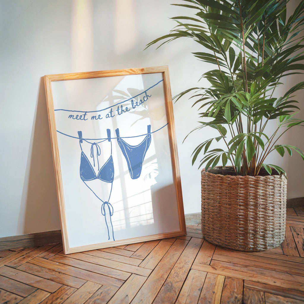 Meet Me at the Beach Wall Art, Coastal Bathroom Print, Blue Line Art Bikini Poster, Hamptons Beach House Decor, Summer Printable