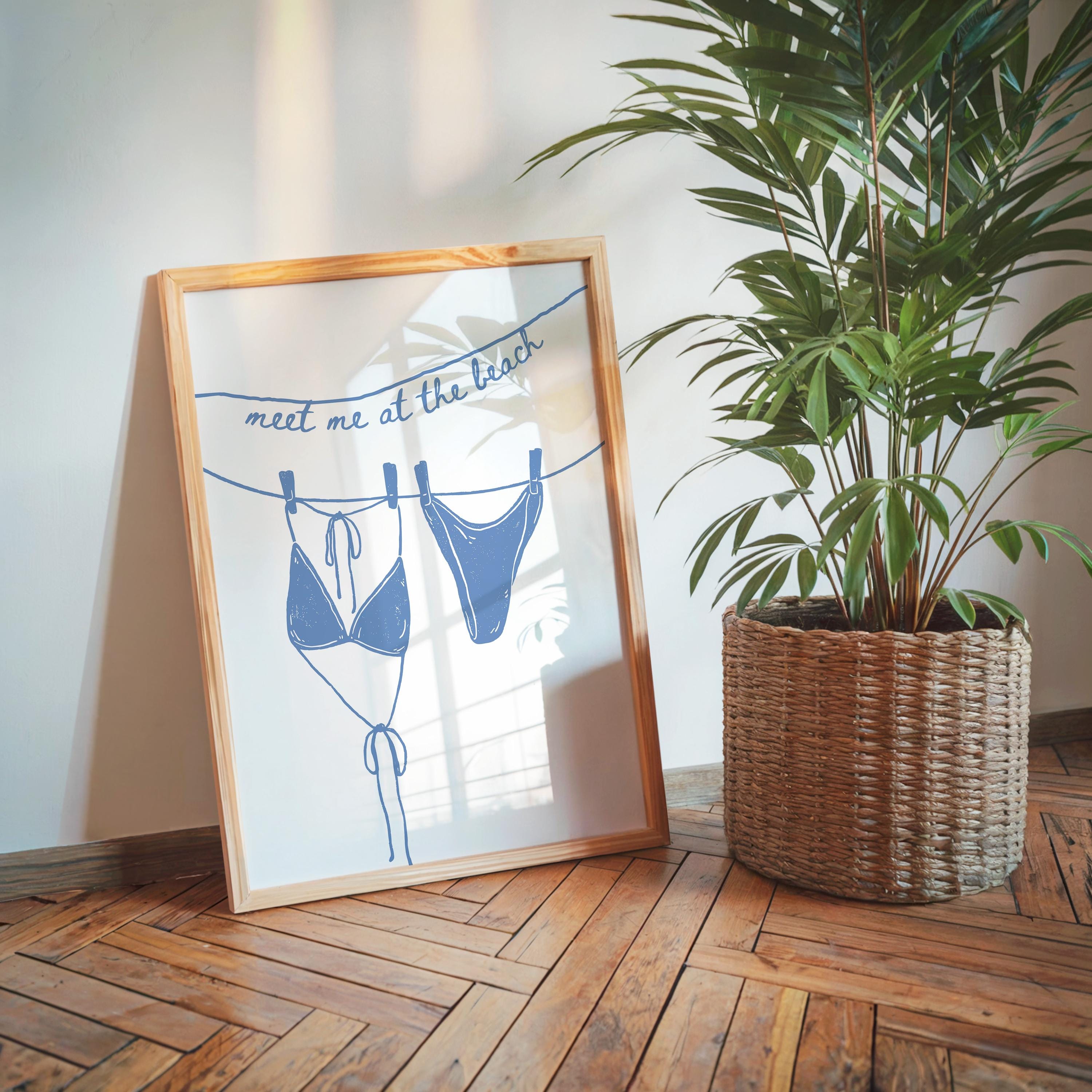 Meet Me at the Beach Wall Art, Coastal Bathroom Print, Blue Line Art Bikini Poster, Hamptons Beach House Decor, Summer Printable