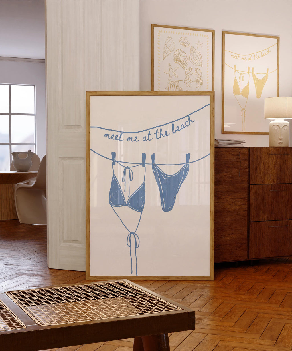 Meet Me at the Beach Wall Art, Coastal Bathroom Print, Blue Line Art Bikini Poster, Hamptons Beach House Decor, Summer Printable